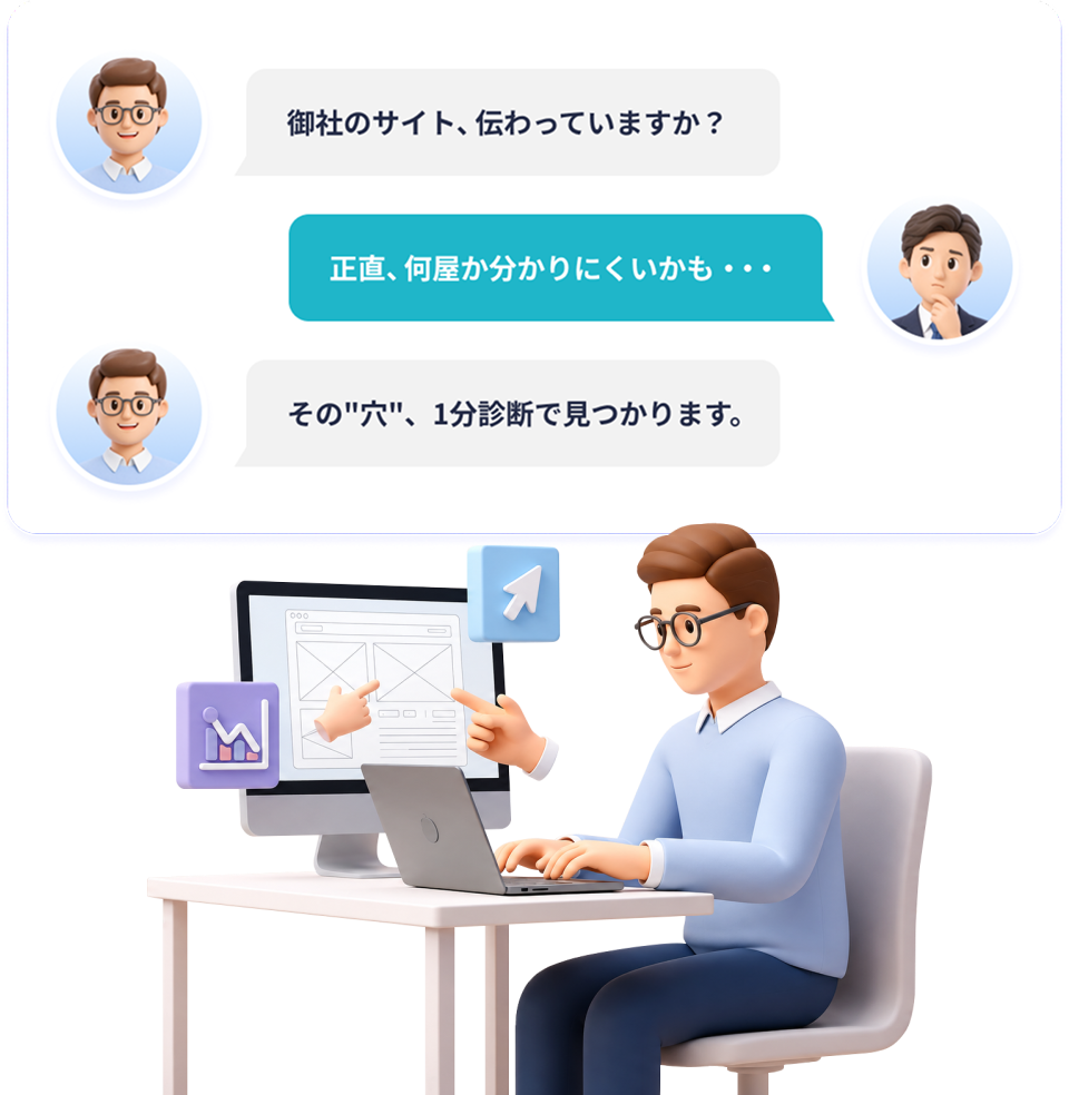 御社のサイト、伝わっていますか?というチャットのやり取りと、パソコンで作業する担当者のイラスト