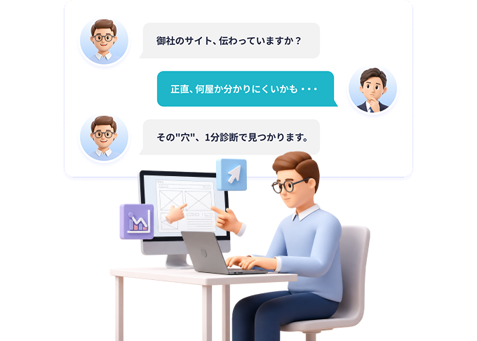 御社のサイト、伝わっていますか?というチャットのやり取りと、パソコンで作業する担当者のイラスト